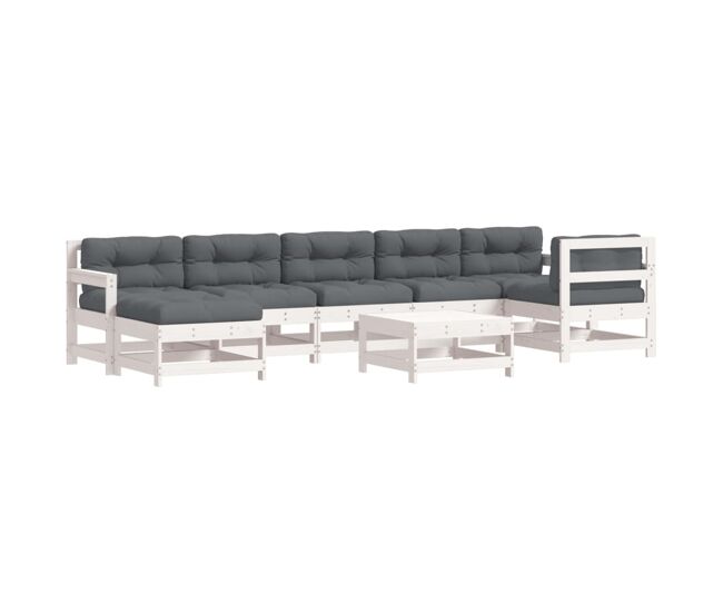 Juego de muebles jardin 8 piezas y cojines madera maciza blanco