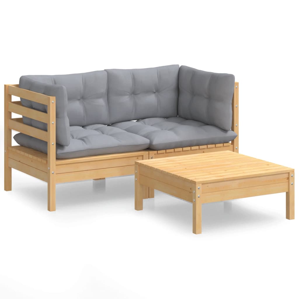 Juego de muebles de jardín 3 pzas y cojines madera de pino