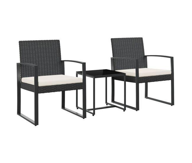 Set comedor de jardin 3 piezas con cojines pp aspecto ratán negro