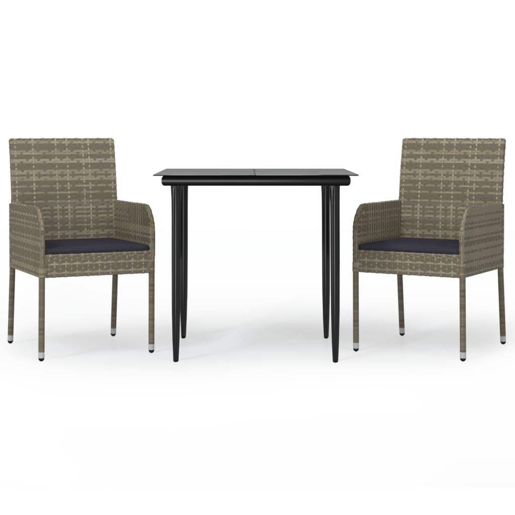 Set comedor jardin 3 piezas y cojines ratán sintético negro gris longitud mesa 80 cm