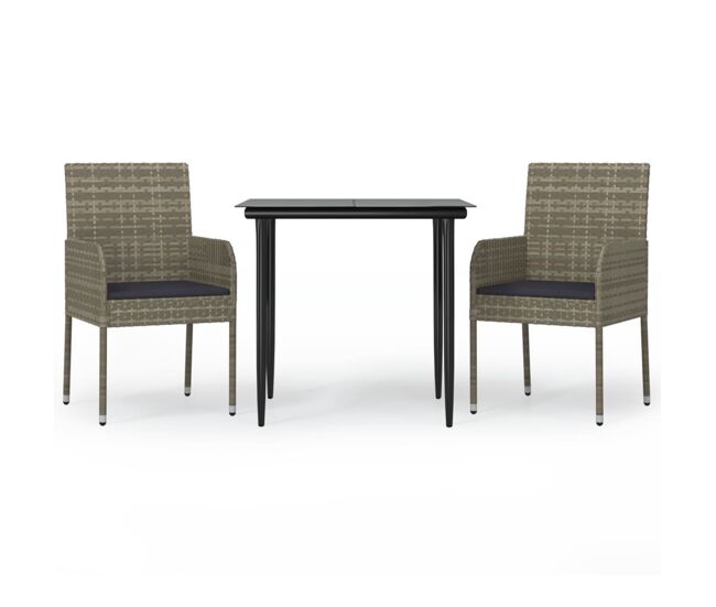 Set comedor jardin 3 piezas y cojines ratán sintético negro gris longitud mesa 80 cm