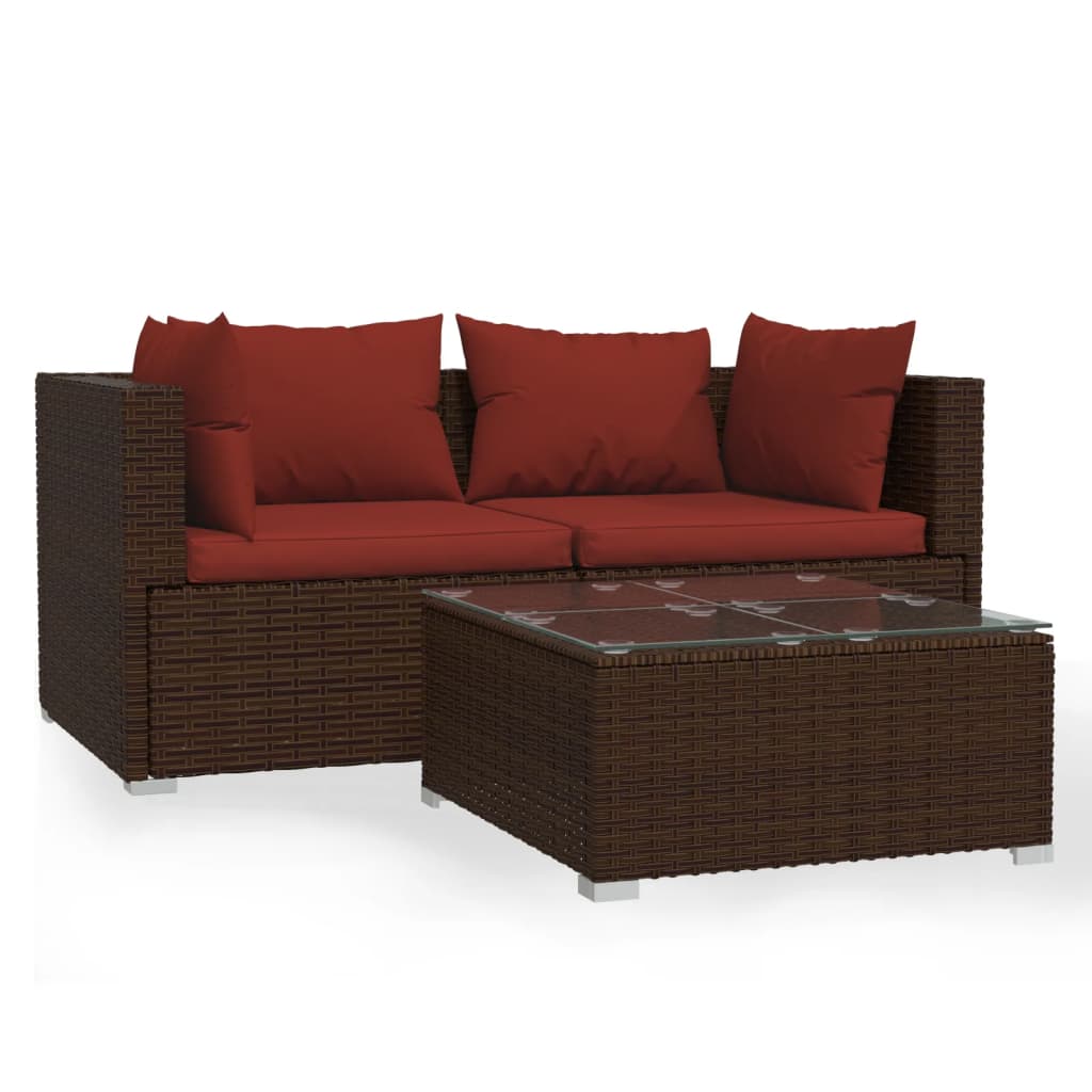 Set muebles de jardín 3 piezas y cojines ratán sintético marrón