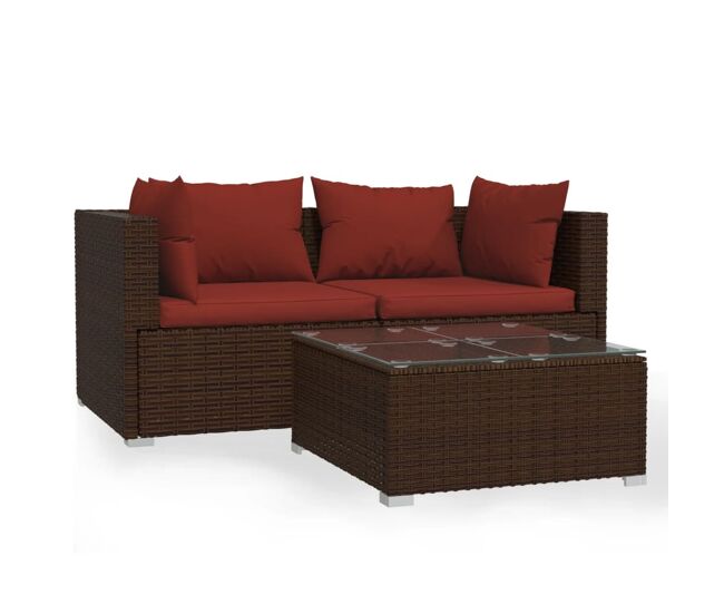 Set muebles de jardín 3 piezas y cojines ratán sintético marrón