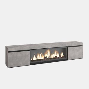 Móvel de TV, Muito espaço de arrumação, 208x35x45cm, Para televisores até 80, Lareira eléctrica XXL, Estilo moderno, Cimento