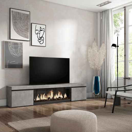 Móvel de TV, Muito espaço de arrumação, 208x35x45cm, Para televisores até 80, Lareira eléctrica XXL, Estilo moderno, Cimento