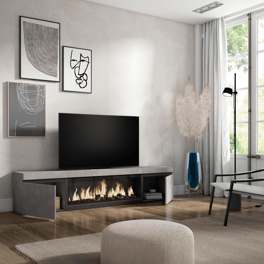 Móvel de TV, Muito espaço de arrumação, 208x35x45cm, Para televisores até 80, Lareira eléctrica XXL, Estilo moderno, Cimento