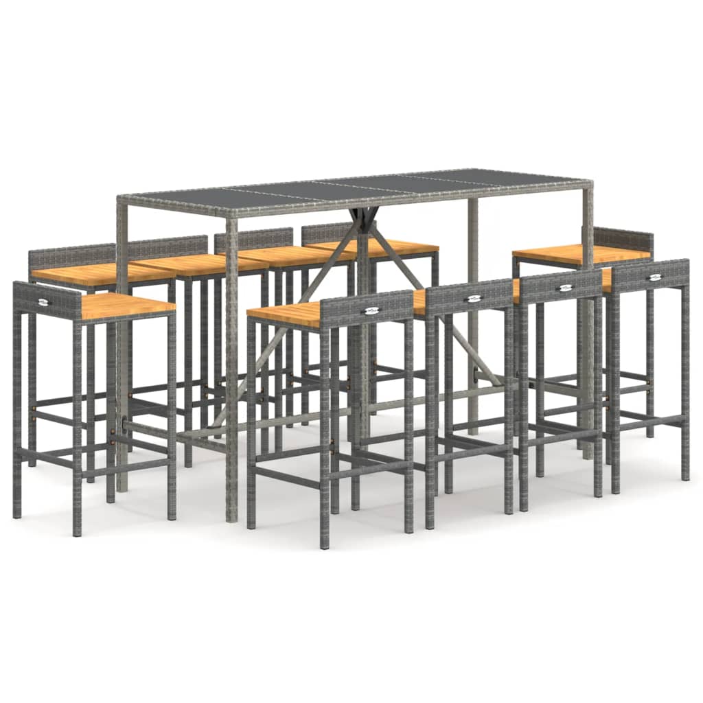 Mesa y taburetes altos jardin 11 piezas madera y ratán pe gris longitud mesa 180 cm