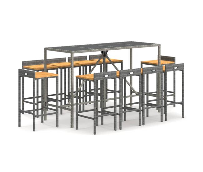 Mesa y taburetes altos jardin 11 piezas madera y ratán pe gris longitud mesa 180 cm