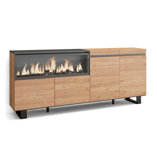Aparador sala de jantar, Sala, Cozinha, Entrada, TV, 208x35x87cm, 4 Portas, Lareira eléctrica XXL, Design industrial, Estilo moderno, Carvalho