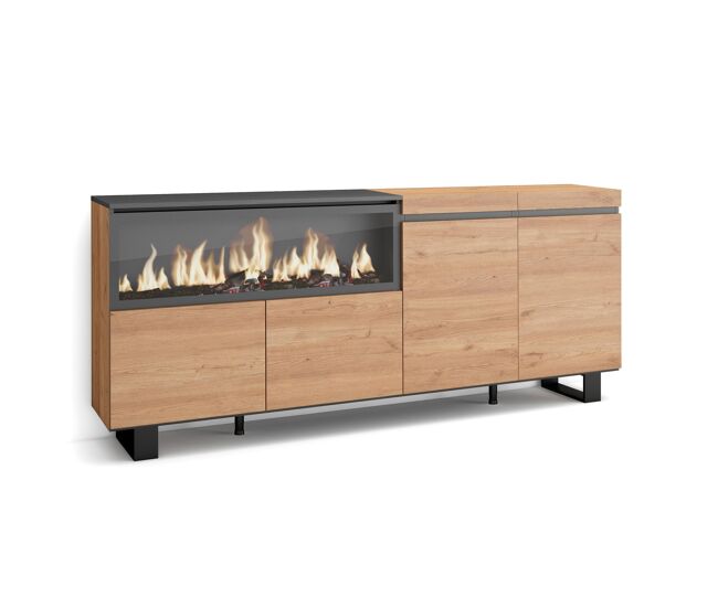 Aparador para salón, gran capacidad de almacenaje, 208x35x87cm, 4 puertas, chimenea eléctrica xxl, diseño industrial, estilo moderno, roble