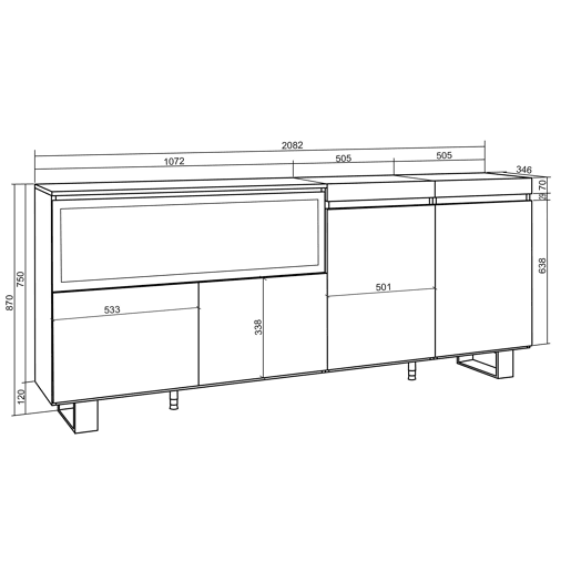 Aparador sala de jantar, Sala, Cozinha, Entrada, TV, 208x35x87cm, 4 Portas, Lareira eléctrica XXL, Design industrial, Estilo moderno, Carvalho