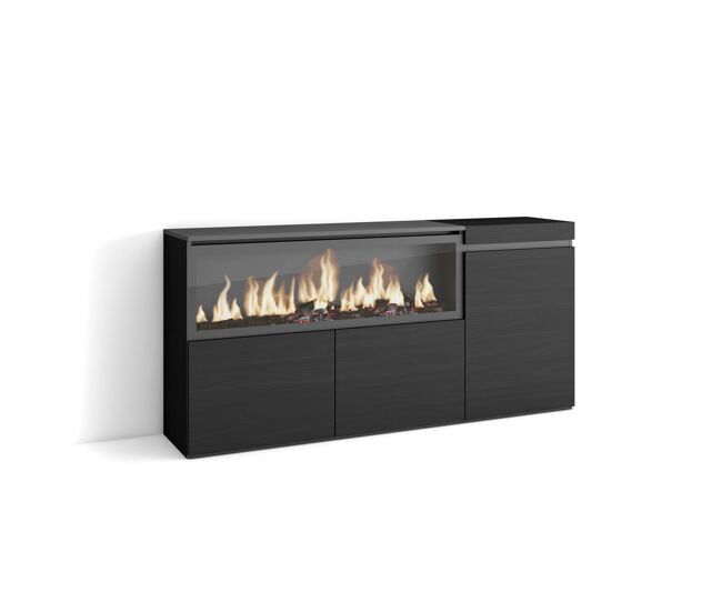 Aparador para salón, gran capacidad de almacenaje, 158x35x75cm, 3 puertas, chimenea eléctrica xxl, estilo moderno, negro