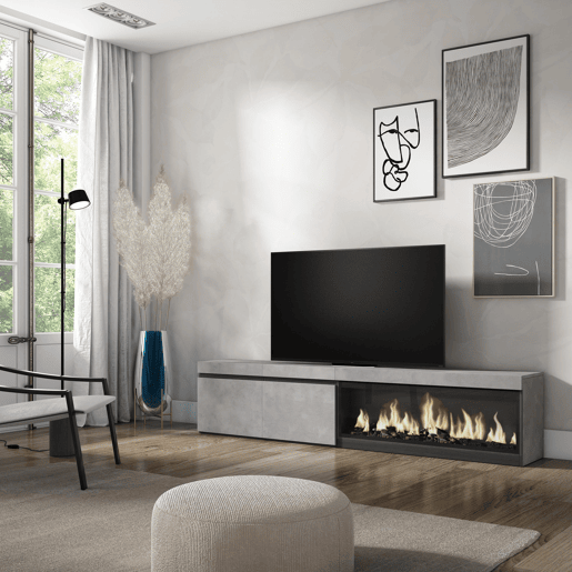 Móvel de TV, Muito espaço de arrumação, 208x35x45cm, Para televisores até 80, Lareira eléctrica XXL, Estilo moderno, Cimento Móvel de TV, Muito espaço de arrumação, 208x35x45cm, Para televisores até 80, Lareira eléctrica XXL, Estilo moderno, Cimento
