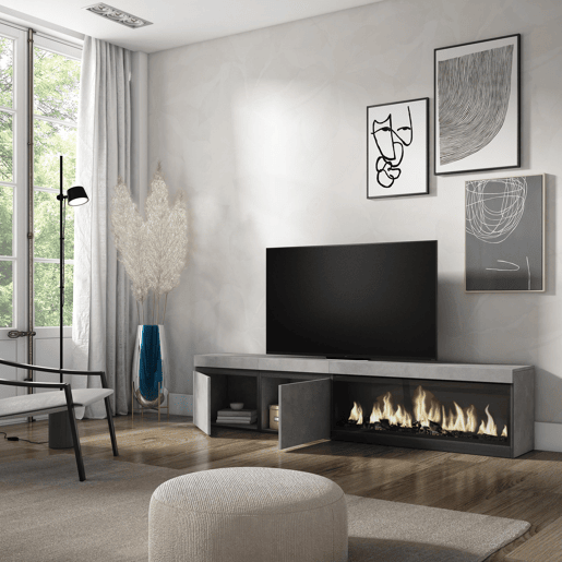 Móvel de TV, Muito espaço de arrumação, 208x35x45cm, Para televisores até 80, Lareira eléctrica XXL, Estilo moderno, Cimento Móvel de TV, Muito espaço de arrumação, 208x35x45cm, Para televisores até 80, Lareira eléctrica XXL, Estilo moderno, Cimento
