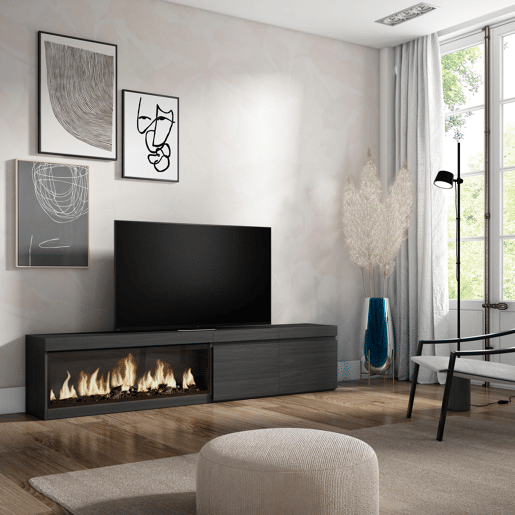 Móvel de TV, Muito espaço de arrumação, 208x35x45cm, Para televisores até 80, Lareira eléctrica XXL, Estilo moderno, Preto Móvel de TV, Muito espaço de arrumação, 208x35x45cm, Para televisores até 80, Lareira eléctrica XXL, Estilo moderno, Preto
