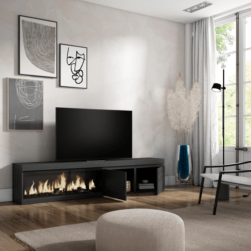 Móvel de TV, Muito espaço de arrumação, 208x35x45cm, Para televisores até 80, Lareira eléctrica XXL, Estilo moderno, Preto Móvel de TV, Muito espaço de arrumação, 208x35x45cm, Para televisores até 80, Lareira eléctrica XXL, Estilo moderno, Preto