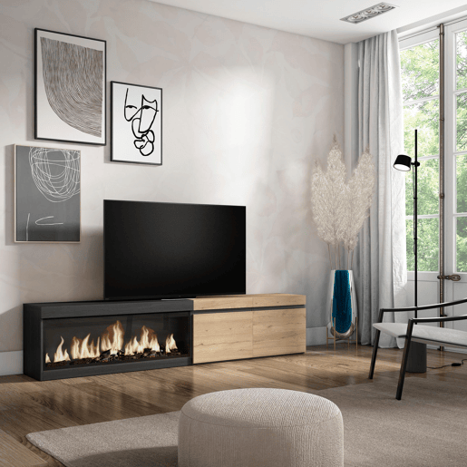 Móvel de TV, Muito espaço de arrumação, 208x35x45cm, Para televisores até 80, Lareira eléctrica XXL, Estilo moderno, Carvalho e preto