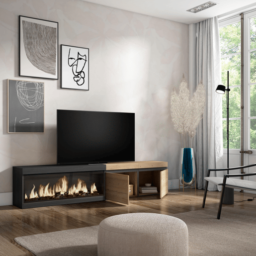 Móvel de TV, Muito espaço de arrumação, 208x35x45cm, Para televisores até 80, Lareira eléctrica XXL, Estilo moderno, Carvalho e preto