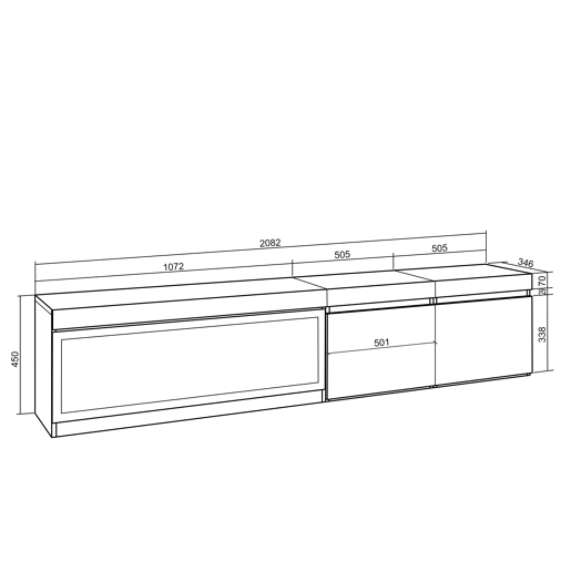 Móvel de TV, Muito espaço de arrumação, 208x35x45cm, Para televisores até 80, Lareira eléctrica XXL, Estilo moderno, Carvalho e preto