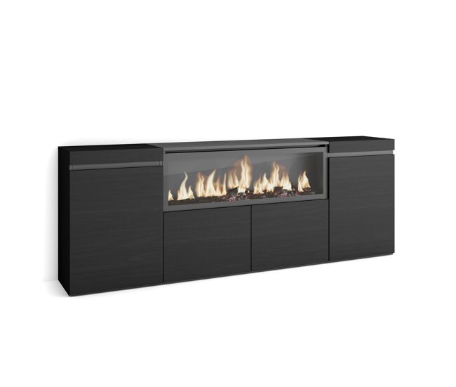 Aparador para salón, gran capacidad de almacenaje, 208x35x75cm, 4 puertas, chimenea eléctrica xxl, estilo moderno, negro