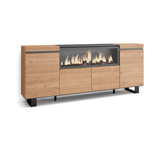 Aparador para salón, gran capacidad de almacenaje, 208x35x87cm, 4 puertas, chimenea eléctrica xxl, diseño industrial, estilo moderno, roble