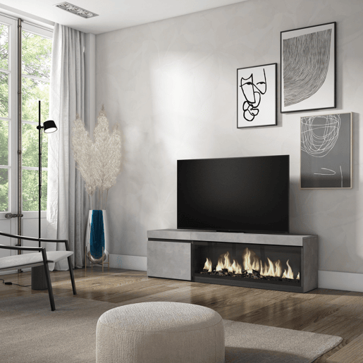 Móvel de TV, Muito espaço de arrumação, 158x35x45cm, Para televisores até 65, Lareira eléctrica XXL, Estilo moderno, Cimento Móvel de TV, Muito espaço de arrumação, 158x35x45cm, Para televisores até 65, Lareira eléctrica XXL, Estilo moderno, Cimento