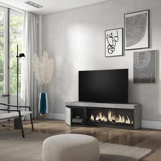 Móvel de TV, Muito espaço de arrumação, 158x35x45cm, Para televisores até 65, Lareira eléctrica XXL, Estilo moderno, Cimento Móvel de TV, Muito espaço de arrumação, 158x35x45cm, Para televisores até 65, Lareira eléctrica XXL, Estilo moderno, Cimento