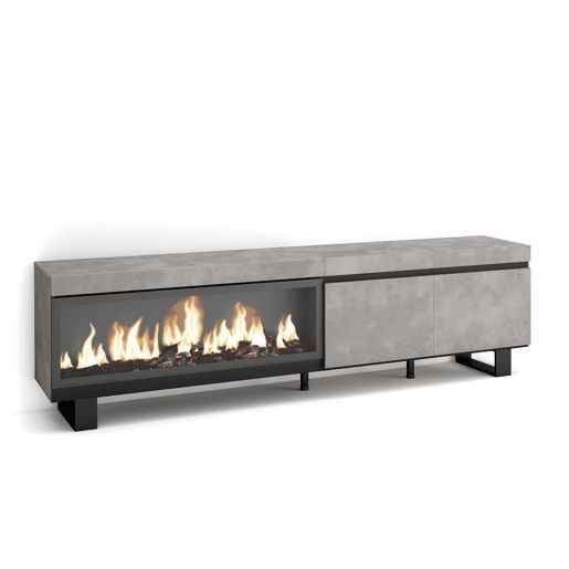 Móvel de TV, Muito espaço de arrumação, 208x35x57cm, Para televisores até 80, Lareira eléctrica XXL, Design industrial, Estilo moderno, Cimento