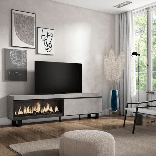 Móvel de TV, Muito espaço de arrumação, 208x35x57cm, Para televisores até 80, Lareira eléctrica XXL, Design industrial, Estilo moderno, Cimento