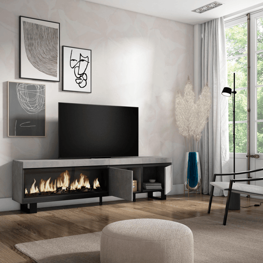 Móvel de TV, Muito espaço de arrumação, 208x35x57cm, Para televisores até 80, Lareira eléctrica XXL, Design industrial, Estilo moderno, Cimento