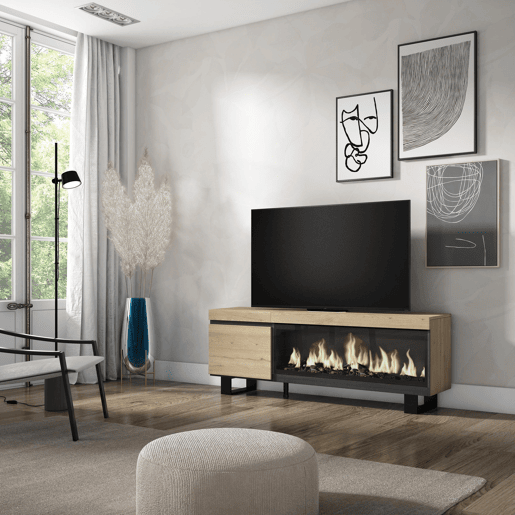 Móvel de TV, Muito espaço de arrumação, 158x35x57cm, Para televisores até 65, Lareira eléctrica XXL, Design industrial, Estilo moderno, Carvalho Móvel de TV, Muito espaço de arrumação, 158x35x57cm, Para televisores até 65, Lareira eléctrica XXL, Design industrial, Estilo moderno, Carvalho