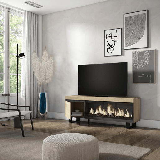 Móvel de TV, Muito espaço de arrumação, 158x35x57cm, Para televisores até 65, Lareira eléctrica XXL, Design industrial, Estilo moderno, Carvalho Móvel de TV, Muito espaço de arrumação, 158x35x57cm, Para televisores até 65, Lareira eléctrica XXL, Design industrial, Estilo moderno, Carvalho