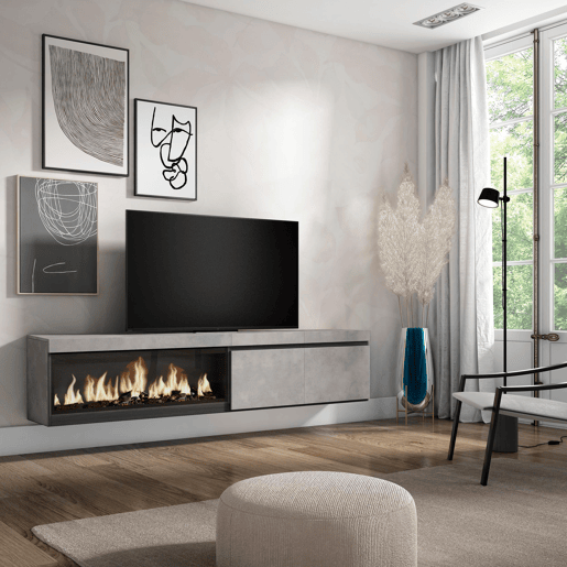 Móvel de TV, Muito espaço de arrumação, 208x35x45cm, Para televisores até 80, Lareira eléctrica XXL, Suspensos, Estilo moderno, Cimento Móvel de TV, Muito espaço de arrumação, 208x35x45cm, Para televisores até 80, Lareira eléctrica XXL, Suspensos, Estilo moderno, Cimento