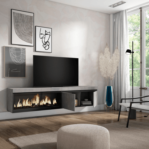 Móvel de TV, Muito espaço de arrumação, 208x35x45cm, Para televisores até 80, Lareira eléctrica XXL, Suspensos, Estilo moderno, Cimento Móvel de TV, Muito espaço de arrumação, 208x35x45cm, Para televisores até 80, Lareira eléctrica XXL, Suspensos, Estilo moderno, Cimento