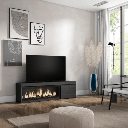 Móvel de TV, Muito espaço de arrumação, 158x35x45cm, Para televisores até 65, Lareira eléctrica XXL, Estilo moderno, Preto