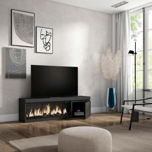 Móvel de TV, Muito espaço de arrumação, 158x35x45cm, Para televisores até 65, Lareira eléctrica XXL, Estilo moderno, Preto