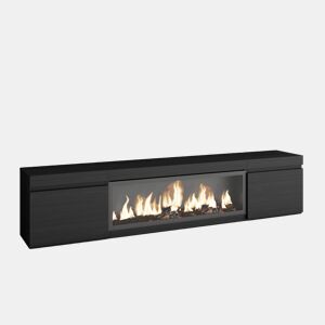 Móvel de TV, Muito espaço de arrumação, 208x35x45cm, Para televisores até 80, Lareira eléctrica XXL, Estilo moderno, Preto