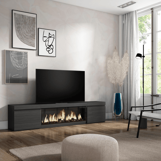 Móvel de TV, Muito espaço de arrumação, 208x35x45cm, Para televisores até 80, Lareira eléctrica XXL, Estilo moderno, Preto Móvel de TV, Muito espaço de arrumação, 208x35x45cm, Para televisores até 80, Lareira eléctrica XXL, Estilo moderno, Preto