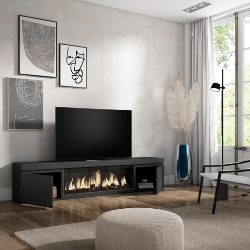 Móvel de TV, Muito espaço de arrumação, 208x35x45cm, Para televisores até 80, Lareira eléctrica XXL, Estilo moderno, Preto Móvel de TV, Muito espaço de arrumação, 208x35x45cm, Para televisores até 80, Lareira eléctrica XXL, Estilo moderno, Preto