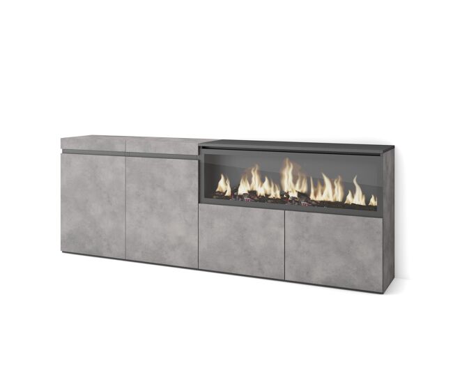 Aparador para salón, gran capacidad de almacenaje, 208x35x75cm, 4 puertas, chimenea eléctrica xxl, estilo moderno, cemento