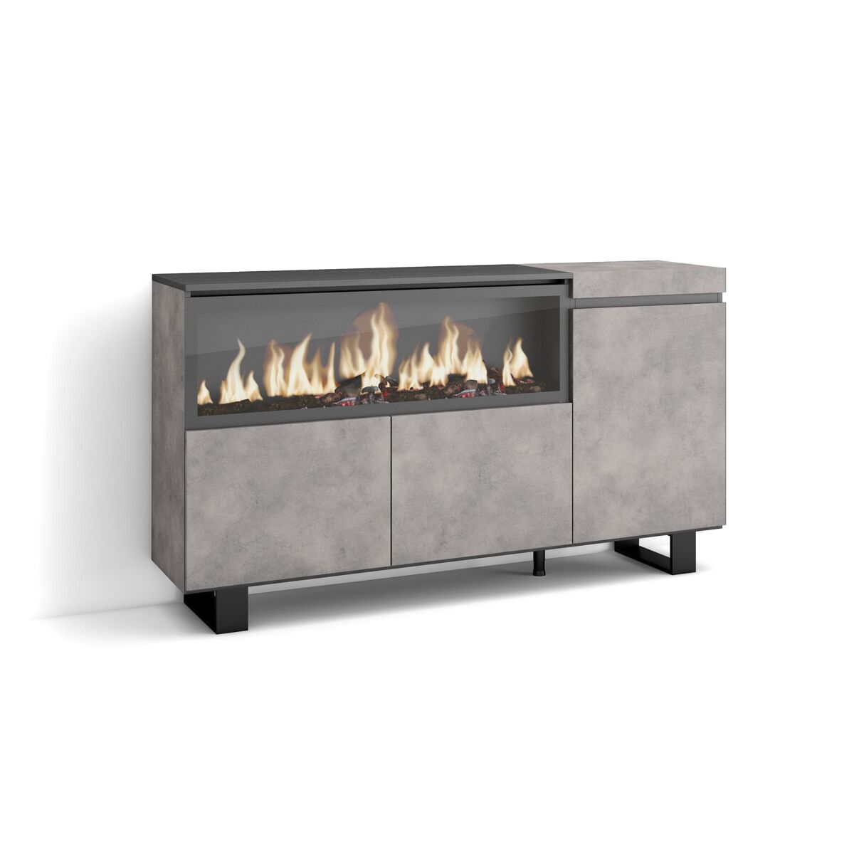 Aparador para salón, gran capacidad de almacenaje, 158x35x87cm, 3 puertas, chimenea eléctrica xxl, diseño industrial, estilo moderno, cemento