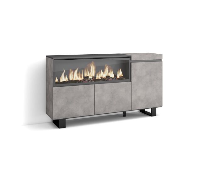 Aparador para salón, gran capacidad de almacenaje, 158x35x87cm, 3 puertas, chimenea eléctrica xxl, diseño industrial, estilo moderno, cemento