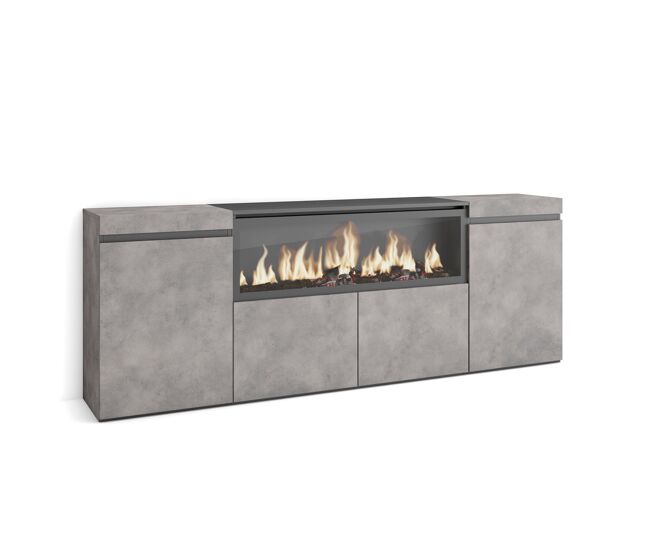 Aparador para salón, gran capacidad de almacenaje, 208x35x75cm, 4 puertas, chimenea eléctrica xxl, estilo moderno, cemento