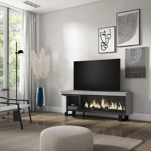 Móvel de TV, Muito espaço de arrumação, 158x35x57cm, Para televisores até 65, Lareira eléctrica XXL, Design industrial, Estilo moderno, Cimento Móvel de TV, Muito espaço de arrumação, 158x35x57cm, Para televisores até 65, Lareira eléctrica XXL, Design industrial, Estilo moderno, Cimento