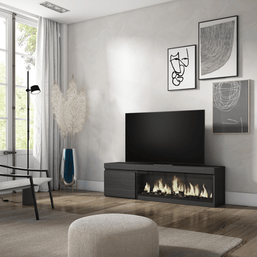 Móvel de TV, Muito espaço de arrumação, 158x35x45cm, Para televisores até 65, Lareira eléctrica XXL, Estilo moderno, Preto