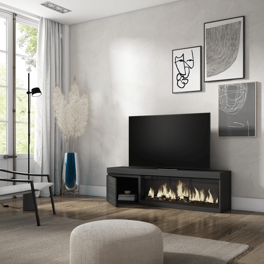 Móvel de TV, Muito espaço de arrumação, 158x35x45cm, Para televisores até 65, Lareira eléctrica XXL, Estilo moderno, Preto