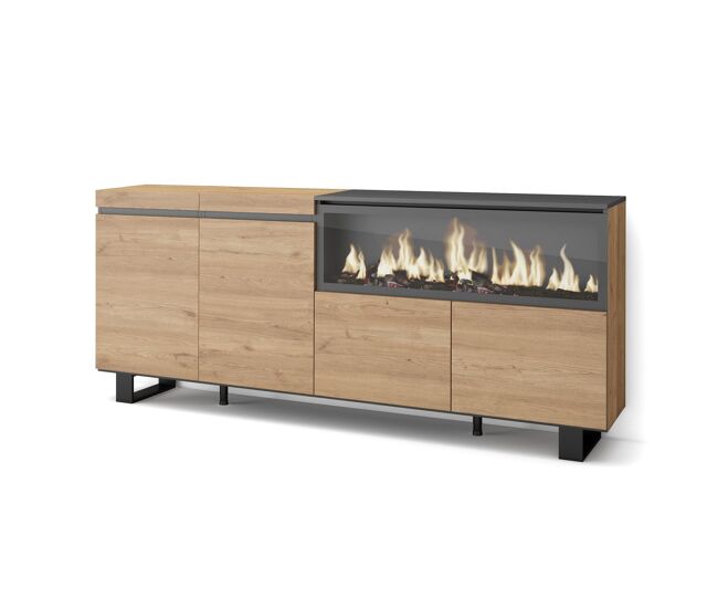 Aparador para salón, gran capacidad de almacenaje, 208x35x87cm, 4 puertas, chimenea eléctrica xxl, diseño industrial, estilo moderno, roble