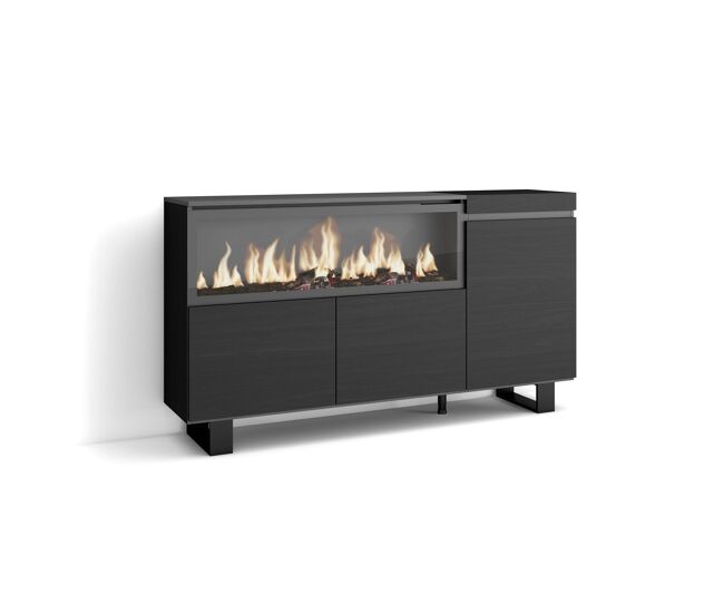 Aparador para salón, gran capacidad de almacenaje, 158x35x87cm, 3 puertas, chimenea eléctrica xxl, diseño industrial, estilo moderno, negro