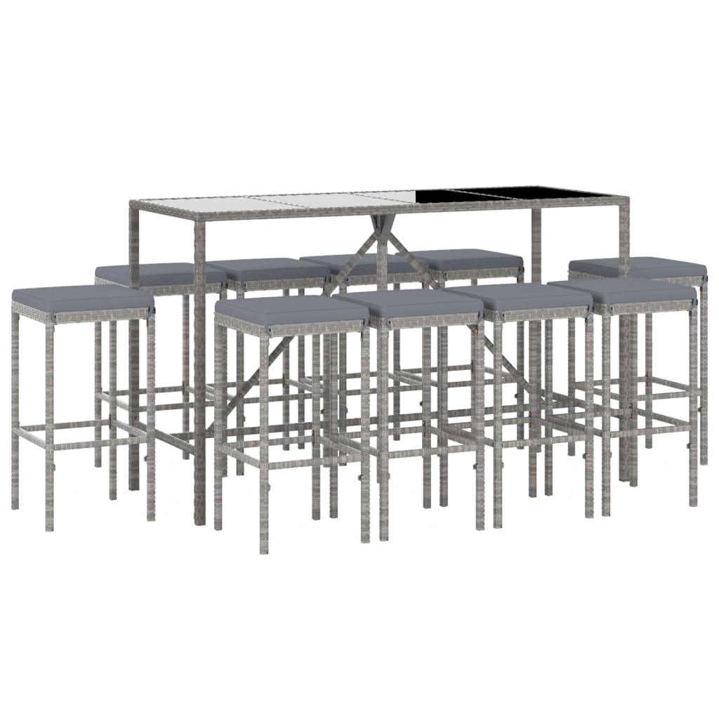 Mesa y taburetes altos jardin 11 piezas y cojines ratán pe gris longitud mesa 180 cm