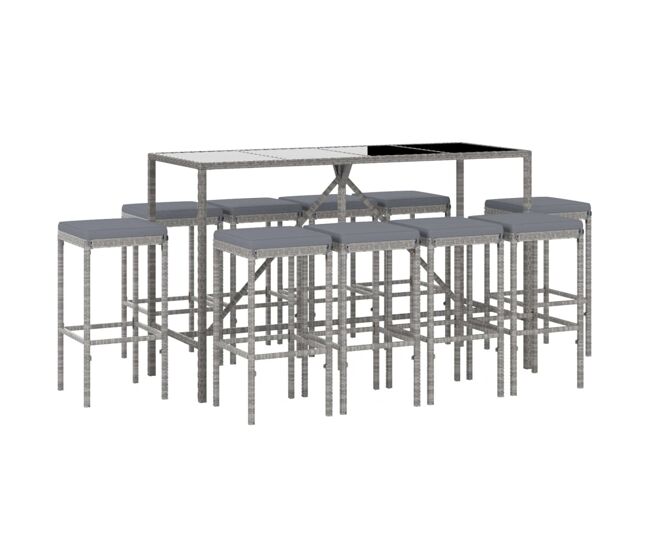 Mesa y taburetes altos jardin 11 piezas y cojines ratán pe gris longitud mesa 180 cm